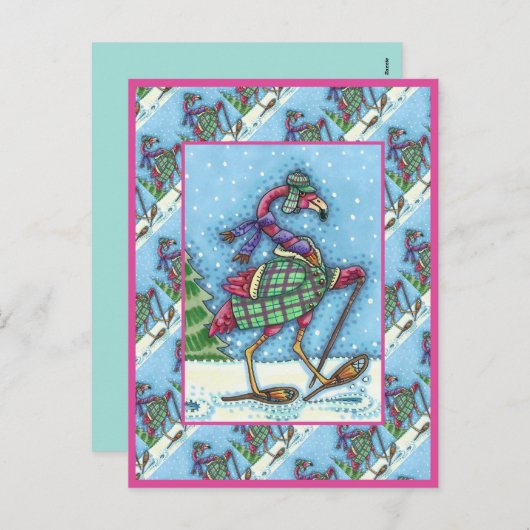 WINTERSCHNEE & COAT PINK FLAMINGO TREKKING FEIERTAGSPOSTKARTE (Vorne/Hinten)