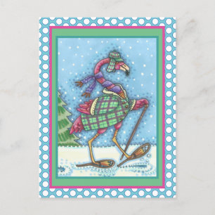 WINTERSCHNEE & COAT PINK FLAMINGO TREKKING FEIERTAGSPOSTKARTE