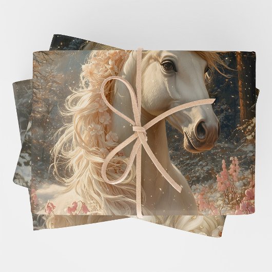 Winterschnee Einhorn Burg Fantasy Magisches Pferd Geschenkpapier Set