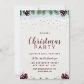 Winterschnee fällt braune Kiefernzapfen Weihnachts Einladung (Vorderseite)