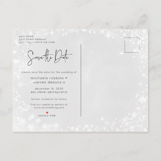 Winterschnee Foto Hochzeit Speichern Sie das Datum Ankündigungspostkarte (Rückseite)