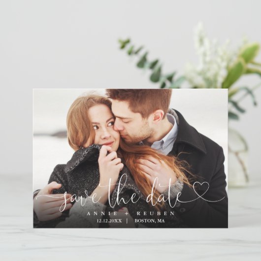 Winterschnee Herzensskript-Foto Hochzeit Save The Date (Stehend Vorderseite)