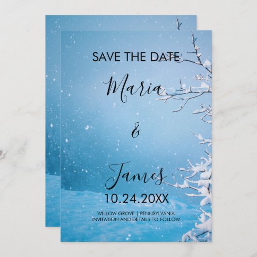 Winterschnee Hochzeitkarte Save the Date (Vorne/Hinten)