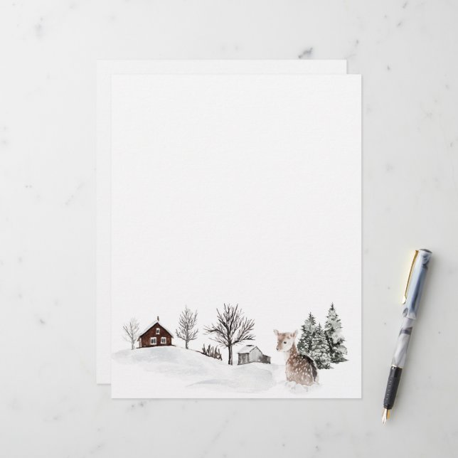 Winterschnee Landschaft Hirsch Briefbogen (Vorderseite/Rückseite Beispiel)