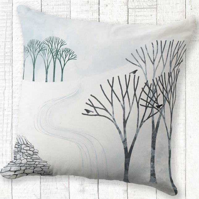 Winterschnee Landschaftsbild Malerei Kissen (More Snow to Come winter landscape painting art throw pillow)
