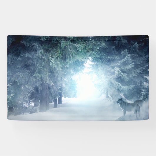 Winterschnee mit Wölfen im Evergreen-Wald Banner (Horizontal)