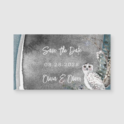 Winterschnee-Owl-Farbe Hochzeit retten das Datum Magnetkarte (Vorderseite)