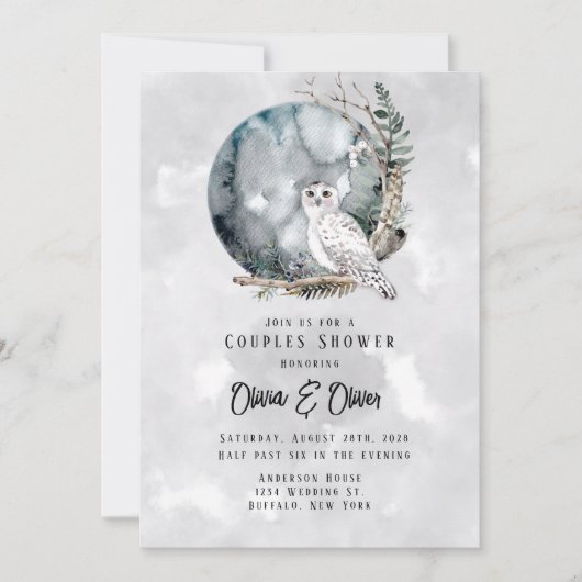 Winterschnee Owl Moon Wasserfarbe Paare Dusche Einladung (Vorderseite)