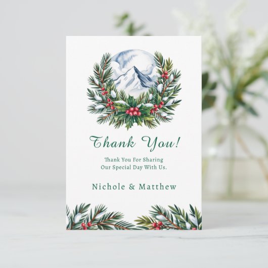 Winterschnee-Pine-Käfer-Hochzeit Dankeskarte (Stehend Vorderseite)