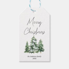 Winterschnee Pinienbäume Wasserfarben Frohe Weihna Geschenkanhänger