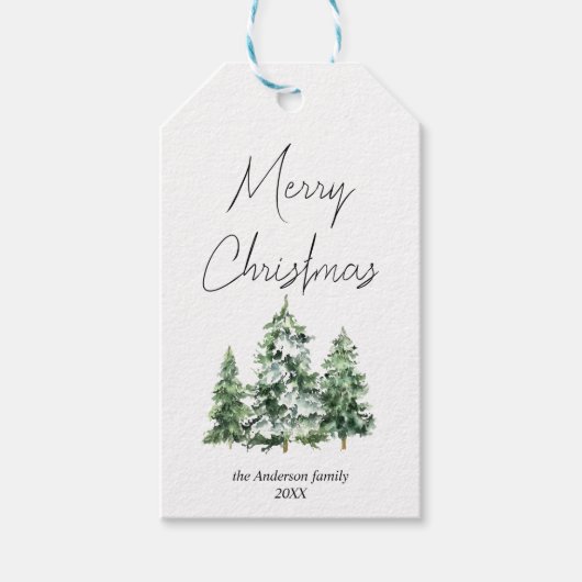 Winterschnee Pinienbäume Wasserfarben Frohe Weihna Geschenkanhänger (Vorderseite)
