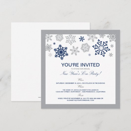 Winterschnee Silvester Party Einladung (Marine) (Vorne/Hinten)