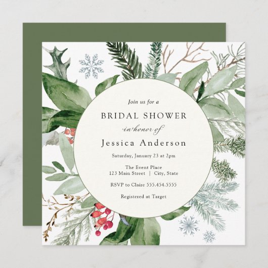 Winterschnee und Evergreen Bridal Dusche Einladung (Vorne/Hinten)