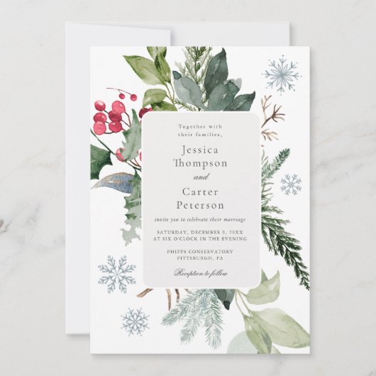 Winterschnee und Evergreen Hochzeit Einladung (Vorderseite)