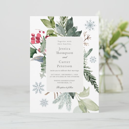 Winterschnee und Evergreen Hochzeit Einladung (Stehend Vorderseite)