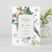 Winterschnee und Evergreen Hochzeitsessen Probe Einladung (Stehend Vorderseite)