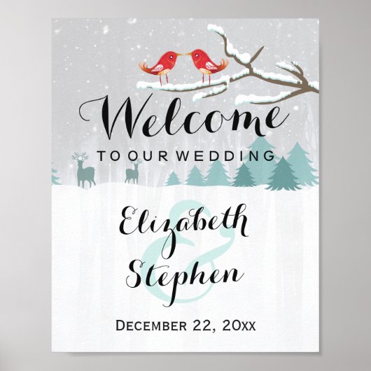 Winterschnee Wonderland Birds Rentier Hochzeitszei Poster (Vorne)