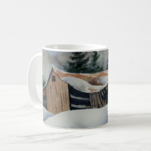 Winterschneebedecktes Ackerfeld verlassene Hausstä Kaffeetasse
