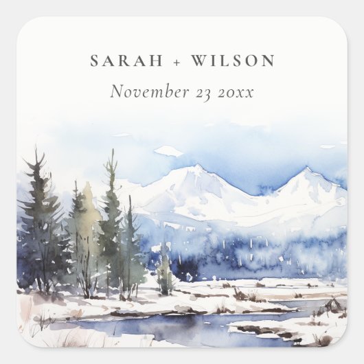 Winterschneebergwelt Hochzeit Quadratischer Aufkleber (Vorderseite)
