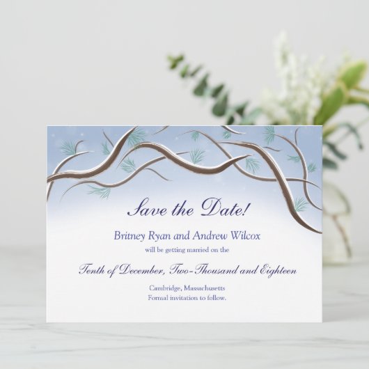 Winterschneebründe Save the Date Karte (Stehend Vorderseite)