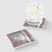 Winterschneefall auf rosa Porch - Martha's Vineyar Steinuntersetzer (Seitenansicht)