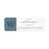 Winterschneefall Dunkelblaue Monogramm-Rücksendead (Vorne)