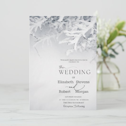 Winterschneefälle Hochzeit Einladung (Stehend Vorderseite)