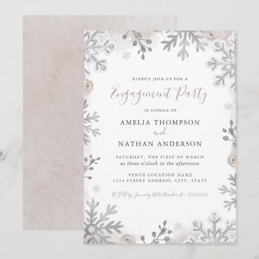 Winterschneeflake Silber Blush Engagement Party Einladung (Vorne/Hinten)