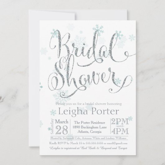 Winterschneeflake Silver Glitzer Brautparty Einladung (Vorderseite)