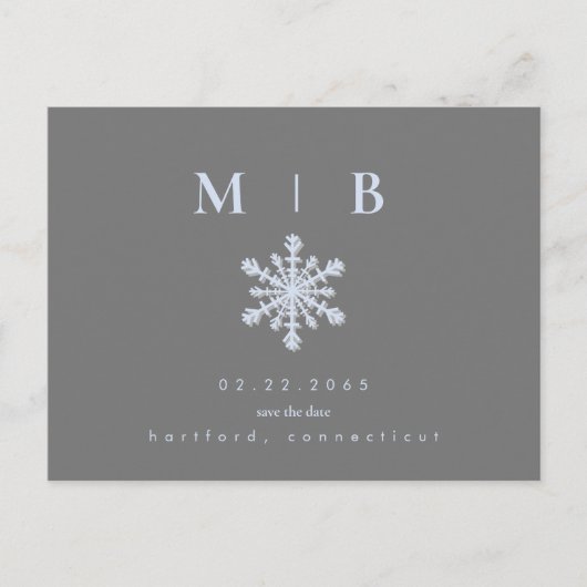 Winterschneeflocke Grau/Eisblau Monogramm Rett Dat Ankündigungspostkarte (Vorderseite)