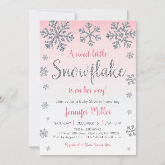 Winterschneeflocke Pink & Silver Baby Dusche Einladung (Vorderseite)