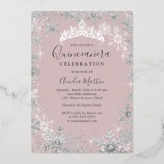 Winterschneeflocke Rock Silver Quinceanera Folieneinladung (Vorderseite)