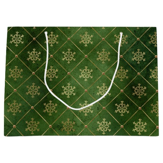 Winterschneeflocken bei festlichen Grün- und Goldf Große Geschenktüte (Vorderseite)