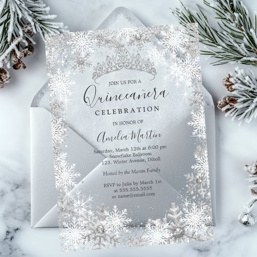 Winterschneeflocken bewaldetes Quinceanera Acryleinladungen