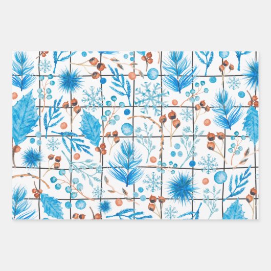 Winterschneeflocken blauer Beerenfedereis Geschenkpapier Set (Vorderseite 3)