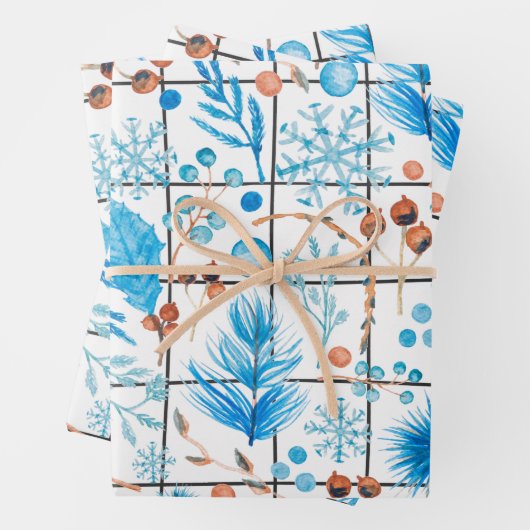 Winterschneeflocken blauer Beerenfedereis Geschenkpapier Set (Beispiel)