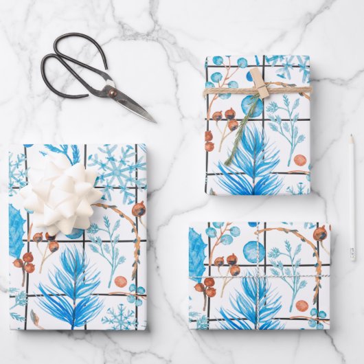 Winterschneeflocken blauer Beerenfedereis Geschenkpapier Set (Vorderseite)
