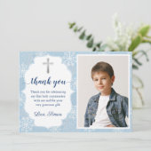 Winterschneeflocken Blauer Erste Heilige Kommunion Dankeskarte (Stehend Vorderseite)