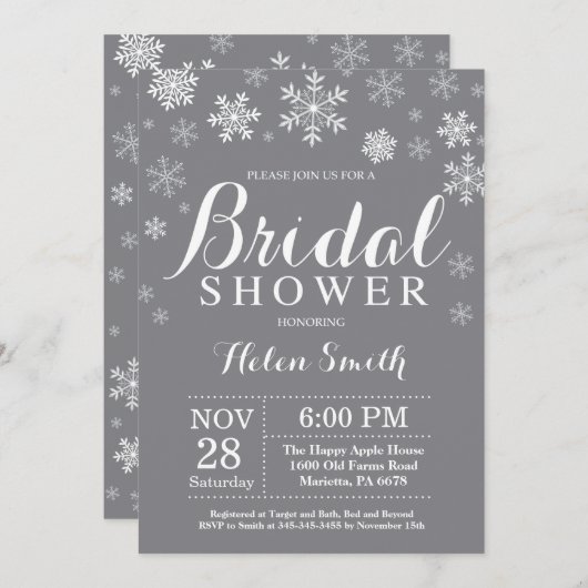 Winterschneeflocken Einladung Grau Brautparty (Vorne/Hinten)