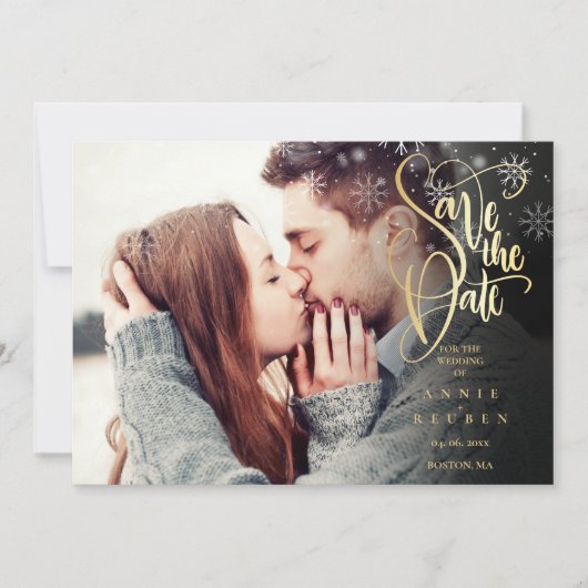 Winterschneeflocken Elegantes Gold Script Foto Save The Date (Vorderseite)