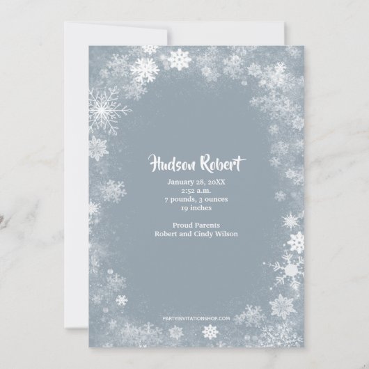 Winterschneeflocken Foto Geburtshinweise Feiertagskarte (Rückseite)