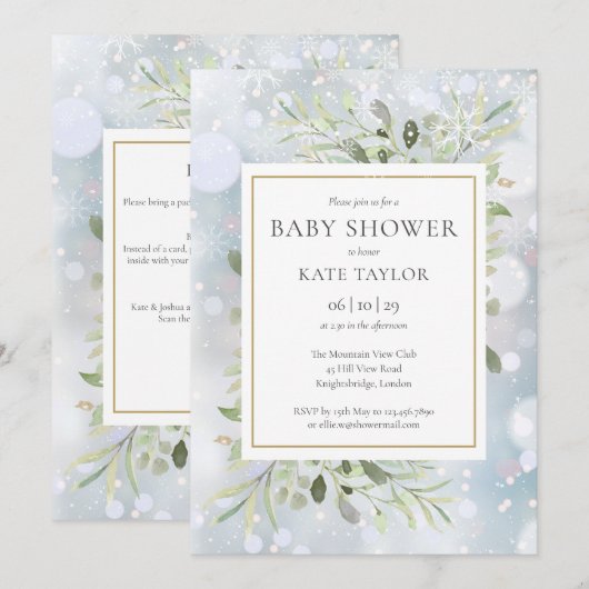 Winterschneeflocken Grüne Kinderdusche Einladung (Vorne/Hinten)