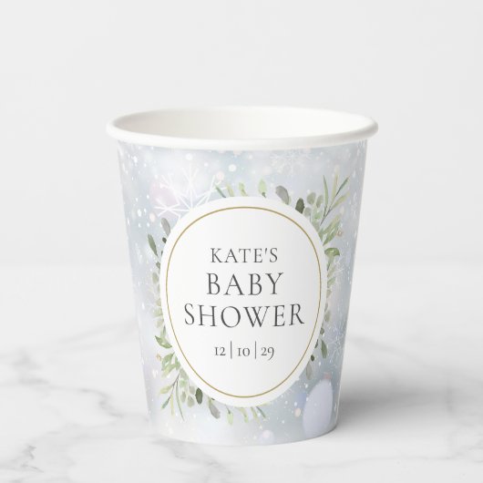 Winterschneeflocken Grüne Kinderdusche Pappbecher (Rückseite)