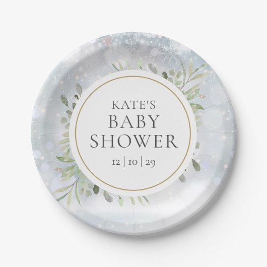 Winterschneeflocken Grüne Kinderdusche Pappteller (Vorderseite)