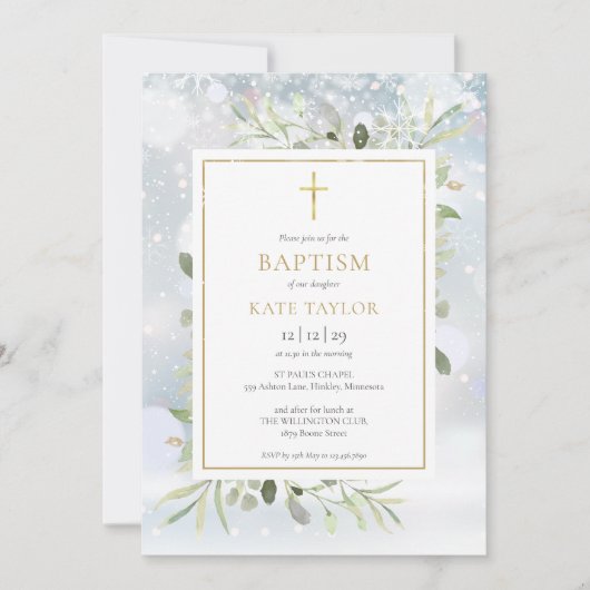 Winterschneeflocken Grüne Taufe Weihnachten Einladung (Vorderseite)