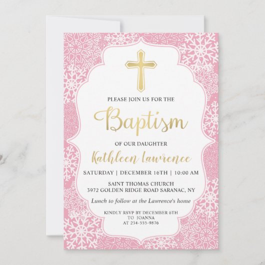 Winterschneeflocken Hellrosa Goldene Taufe Einladung (Vorderseite)