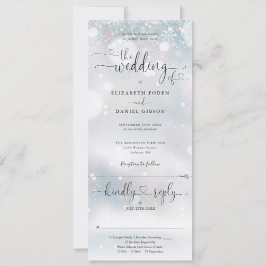 Winterschneeflocken Herzschrift auf einer Hochzeit Einladung (Vorderseite)