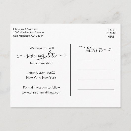 Winterschneeflocken Hochzeit RETTE UNSER DATUM Ankündigungspostkarte (Rückseite)