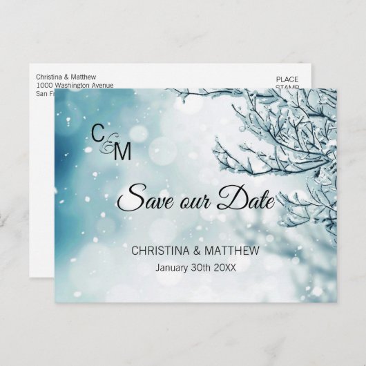 Winterschneeflocken Hochzeit RETTE UNSER DATUM Ankündigungspostkarte (Vorne/Hinten)
