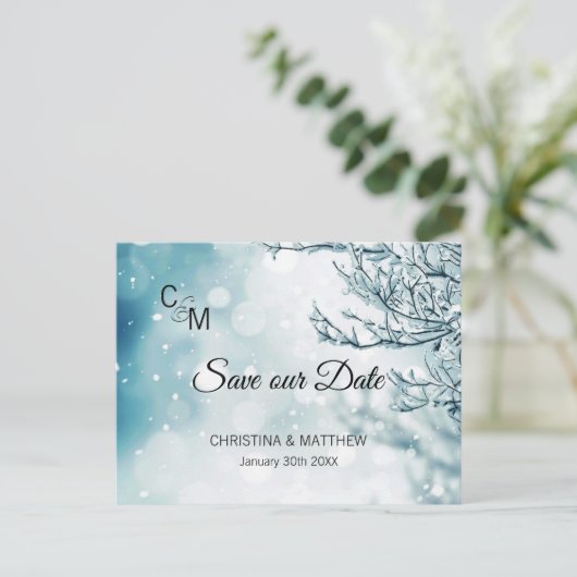 Winterschneeflocken Hochzeit RETTE UNSER DATUM Ankündigungspostkarte (Stehend Vorderseite)